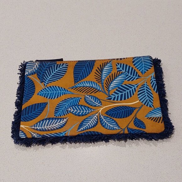 Inouitoosh Paris, France Blue Leaves Fringe Zip Pouch Case - Picture 1 of 11